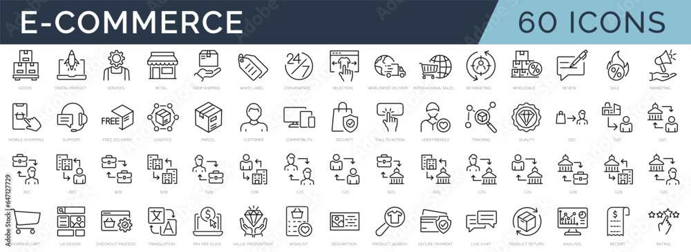 Set of 60 outline icons related to e-commerce. Linear icon collection ...