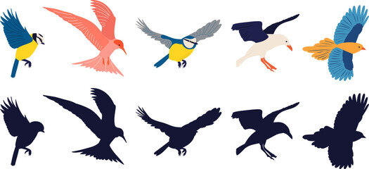 Sticker - birds flying in flat style on white background vector