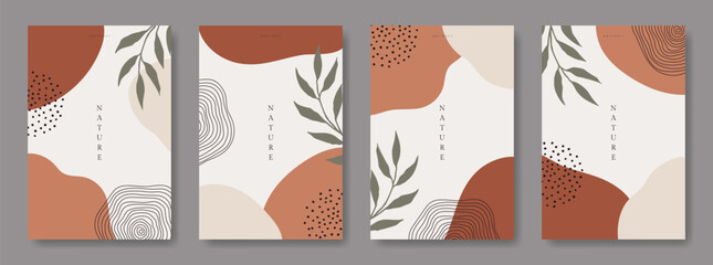Wall Mural - botanical abstract wall art set. foliage simple line drawing. plant shape. copy space, text, social 