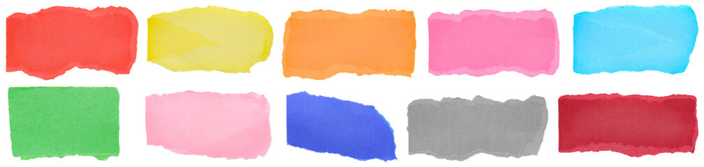 Poster - Set collection bundle of colorful isolated cut out rectangular blank paper strips, notes or stickers with torn rough edges on white or transparent background with copy space for text