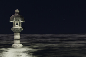 Wall Mural - 3d render winter platform and natural podium background, Stone lantern light up the ice ground at night for product display, advertising, mockup, showcase or etc