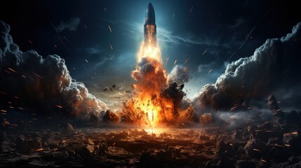 Wall Mural - an apocalypse in space destroys cosmic objects. rockets fight for world domination