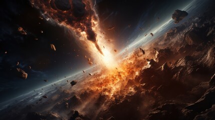 Wall Mural - an apocalypse in space destroys cosmic objects. rockets fight for world domination
