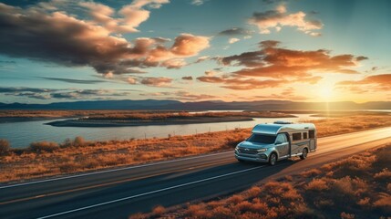  Car with caravan trailer on the highway, lifestyle travel concept