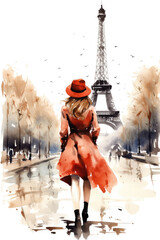 Wall Mural - Nostalgia for old Paris: Watercolor illustration of a beautiful French woman near the Eiffel Tower