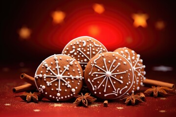 Poster - tasty decorated christmas cookies on red background