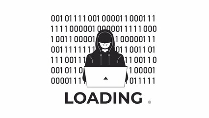 Poster - Cyber attacker typing on laptop bw loading animation. Fraudulent hacker spying outline 2D cartoon character 4K video loader motion graphic. IT protection animated gif isolated on white background