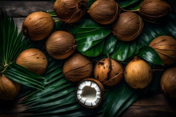 Wall Mural - dried coconut on coconut leaves