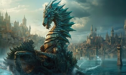 Photo of a majestic dragon perched upon a serene body of water