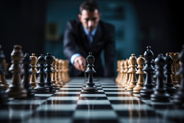 Wall Mural - Chess on the background of a man in a business suit, the concept of business, career ladder, competition