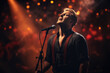 © Michael - male singer vocalist sings on stage into a microphone. Place for text