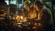 © tong2530 - Two workers inspecting and maintaining machinery in an industrial maintenance workshop at factory. Generative Ai