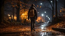 Lonely Man Is Walking At The Night Park In Autumn, Rear View