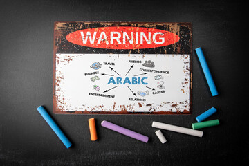 ARABIC, Language learning Concept. Metal warning sign and colored pieces of chalk on a dark chalkboard background