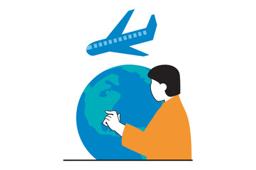 Aufkleber - Travel vacation concept with people scene in flat web design. Man go on trip in different country, choosing destination at earth globe. Vector illustration for social media banner, marketing material.