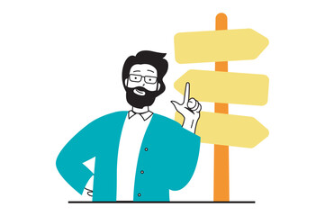 Poster - Travel vacation concept with people scene in flat web design. Man choosing direction route for hiking or trekking at signpost pointers. Vector illustration for social media banner, marketing material.