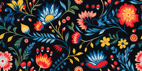 Floral ethno wild folk gouache flowers in black background. Set of country style bouquet. Rustic chic. Use for textile design, wallpaper, covers, surface, print, gift wrap, scrapbooking, decoupage