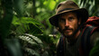 A portrait of an explorer deep in the heart of the jungle, surrounded by lush foliage and the mysteries of the unknown