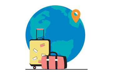 Aufkleber - Travel vacation concept with people scene in flat web design. International tourism with flights, sightseeing and active recreation. Vector illustration for social media banner, marketing material.