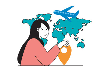 Poster - Travel vacation concept with people scene in flat web design. Woman planning trip route at global map with flights and booking hotel. Vector illustration for social media banner, marketing material.
