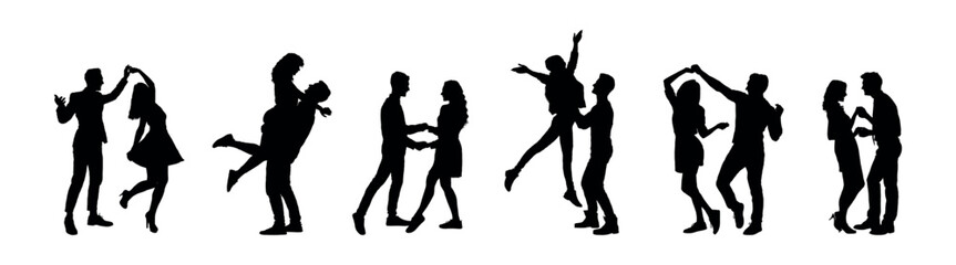 Set of romantic couple dancing have fun together silhouettes isolated on white background.