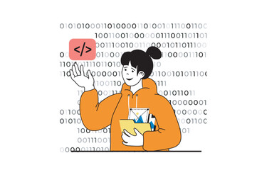 Leinwandbilder - Web development concept with people scene in flat design. Woman working with abstract programming code, searching and fixing bugs. Vector illustration for social media banner, marketing material.