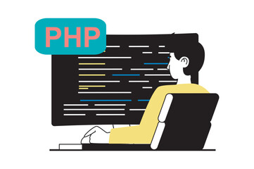 Poster - Web development concept with people scene in flat design. Man coding and programming, working at computer with abstract product code. Vector illustration for social media banner, marketing material.