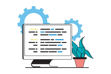Poster - Web development concept with people scene in flat design. Coding and engineering products, fixing code bugs, settings and optimization. Vector illustration for social media banner, marketing material.