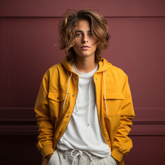 Wall Mural - Generative AI, stylish fashionable teenager with a trendy hairstyle on a colored background, handsome guy in a hoodie, youth, student, party, new generation, zoomer, space for text