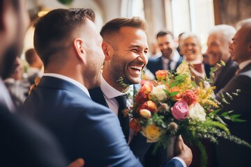 Wall Mural - Homosexual couple celebrating wedding, LBGT couple at wedding ceremony, LGBTQ community. Handsome Gay Couple - Wedding photo. Gay couple wedding. Gay marriage. Loving gay couple.