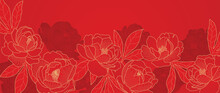 Luxury Oriental Flower Background Vector. Elegant Peony Flowers And Leaves Golden Line Art On Red Background. Floral Pattern Design Illustration For Decoration, Wallpaper, Poster, Banner, Card.