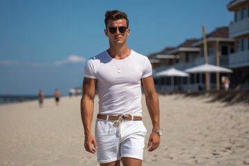 handsome man walking along the sea beach