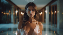 Poolside Elegance: A Lightly Dressed Stunning Woman Graces The Scene In A White Dress, Standing Beside An Indoor Pool, Radiating Timeless Beauty