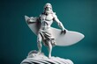 Marble statue of an ancient Greek god Poseidon surfing. Sculpture of a sea god holding a surfboard. Beauty standards, ideal body, sports activity, fitness, sports advertising concept. Generative AI
