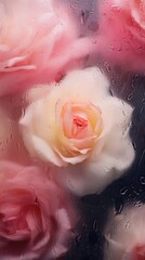 Wall Mural - Background of blooming flowers in front of glass with water drops.