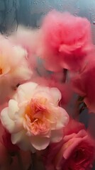 Wall Mural - Background of blooming flowers in front of glass with water drops.