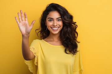 Wall Mural - Young woman smiling happily, saying Hello, Hi or Bye, waving hand.