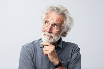 Thinking face old man with decision on isolated white background.