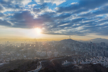 Wall Mural - Sunrise Seoul City and Seoul Tower South Korea