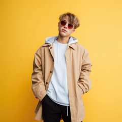 Wall Mural - Generative AI, stylish fashionable teenager with a trendy hairstyle on a colored background, handsome guy with glasses, youth, student, party, new generation, zoomer, space for text