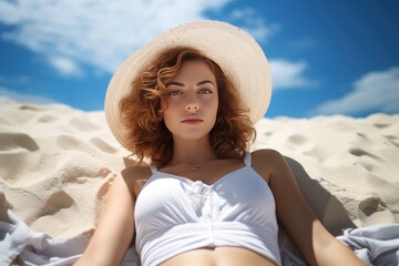 Wall Mural - Beautiful model in swimsuit lying on her stomach sunbathing on the sandy beach by the sea