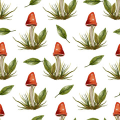 Wall Mural - watercolor red fungi mushroom seamless fall autumn floral woodland forest pattern
