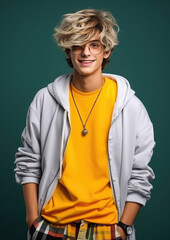Wall Mural - Generative AI, stylish fashionable teenager with a trendy hairstyle on a colored background, handsome guy with glasses, youth, student, party, new generation, zoomer, space for text