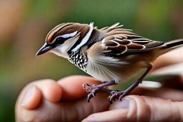 hand holding a baby sparrow