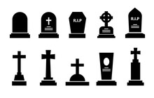 Gravestone, Headstone And Tombstone Icons, Tomb Stone Vector Silhouettes. Cemetery Or Graveyard Tombstones With RIP Memorial And Gothic Cross, Funeral Grave Burial And Christian Cemetery Monuments