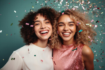 On a holiday night, two young women are filled with joy as confetti showers down on them, celebrating a new year of happiness and fun