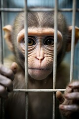 Poster - A monkey in a wire enclosure at a research facility, gripping the bars with curiosity.
