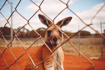 Poster - A solitary kangaroo in a fenced-in enclosure at a wildlife park, looking out into the distance.