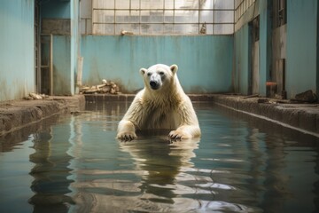 Poster - A distressed-looking polar bear in a concrete enclosure at a zoo, swimming in a small pool.