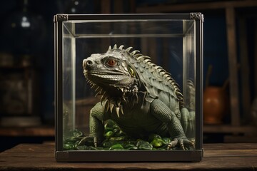 Poster - A caged iguana inside a glass terrarium, its scales pressed against the walls.